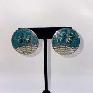 Vintage Silver Tone Blue Swirl Circle Metal Pendant Statement Earrings